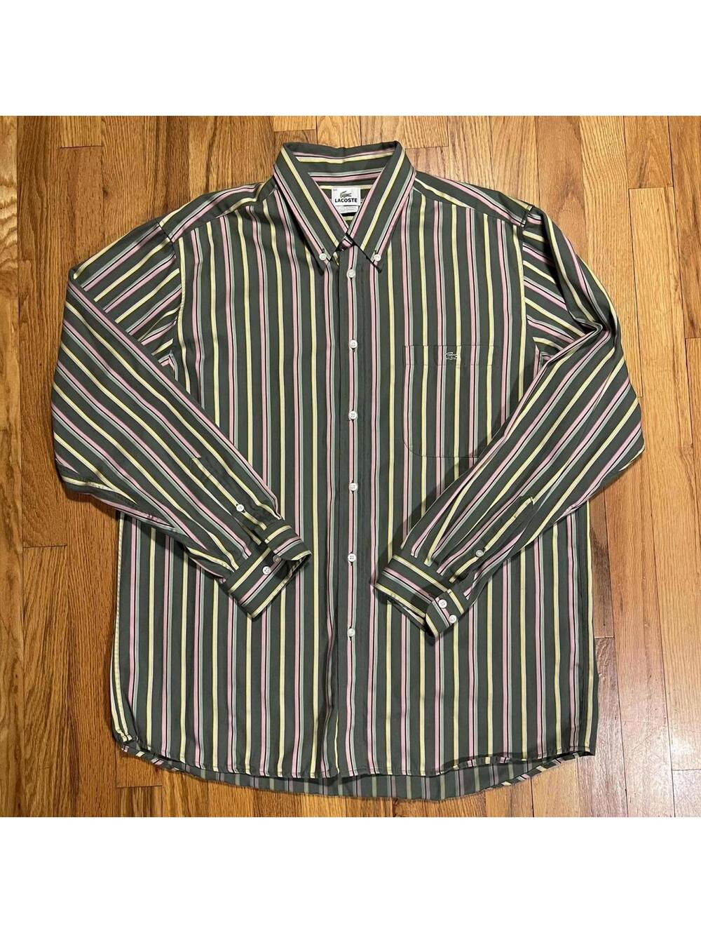 Vintage Lacoste Multicolor Pinstripe ButtonUp dress shirt green pink Size 44/XL